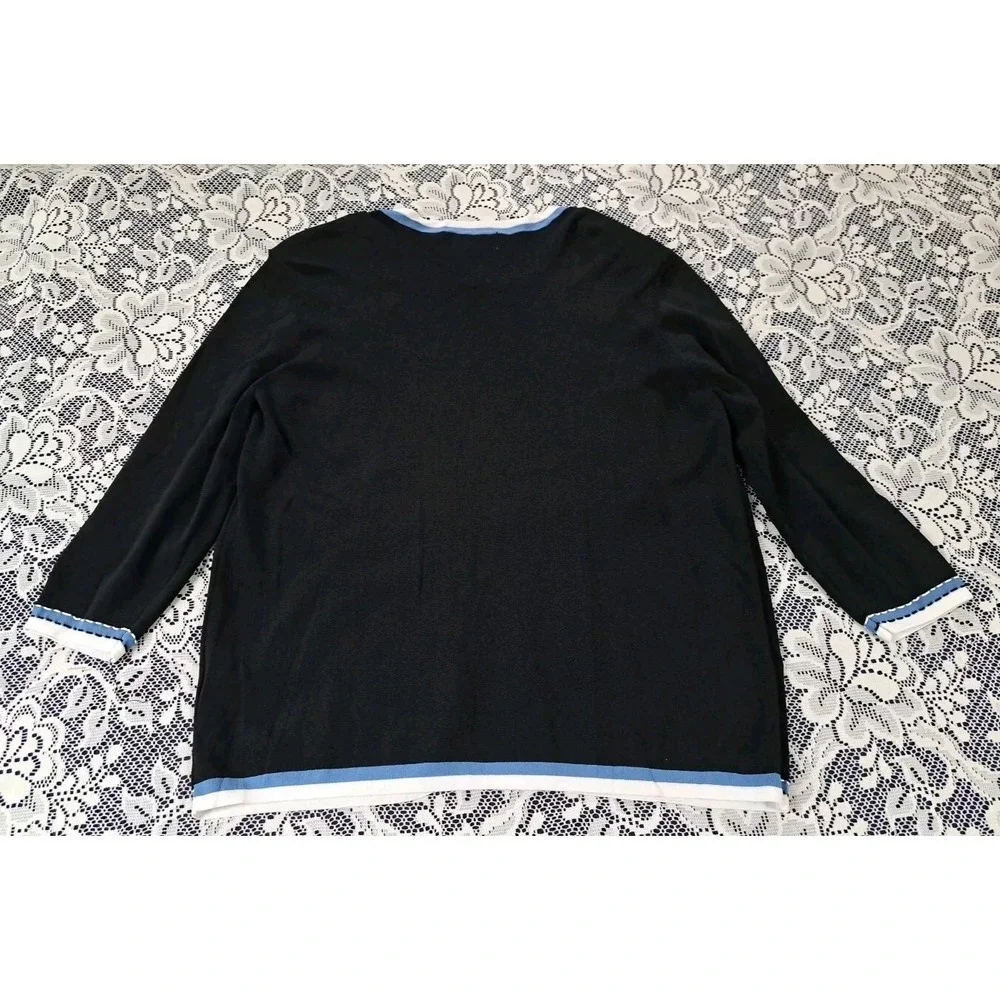 Alfred Dunner Sweater Womens 1X Black/Blue White Trim Two-Fer Cardigan Polyester